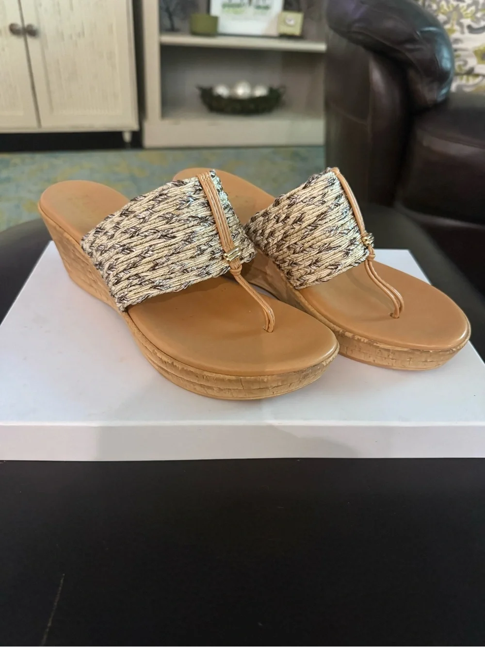 Italian Shoemakers Tan Woven Thong Wedge Sandals